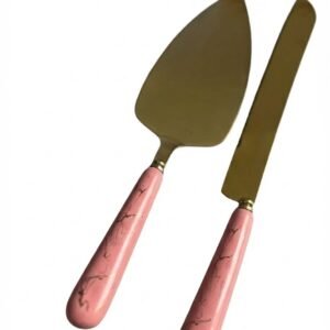 Gold Cake Server Set Rose Marble Ceramic Handle Knife & Server
