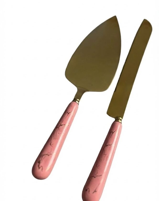 Gold cake server set with rose marble handles