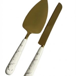Gold Cake Server Set White Marble Ceramic Handle Knife & Server